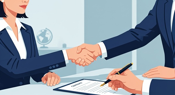 国際契約における免責条項（インデムニフィケーション条項）の重要性を示す、契約書に署名するビジネスパーソンのイメージ。